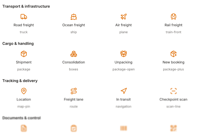 Iconography: transport and infrastructure, cargo and handling, tracking and delivery, documents and control