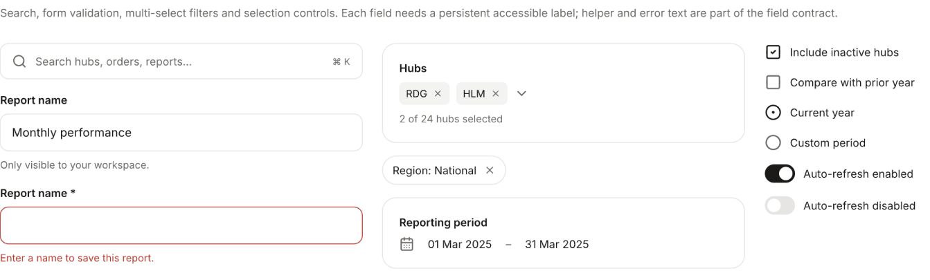 Inputs and filters: search, validated fields, multi-select hubs, reporting period, checkboxes, radios, and toggles