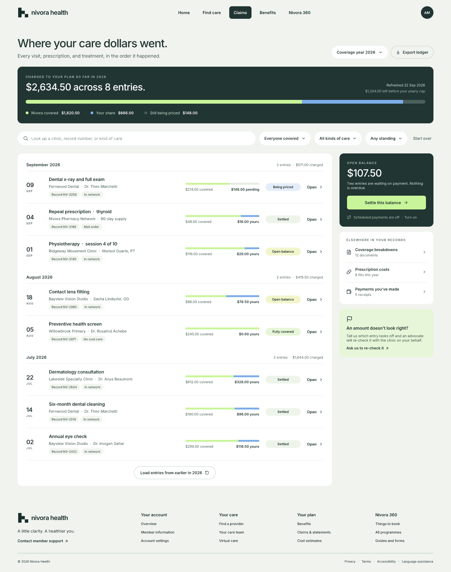 Claims: a timeline of visits with coverage, amount owed and next step