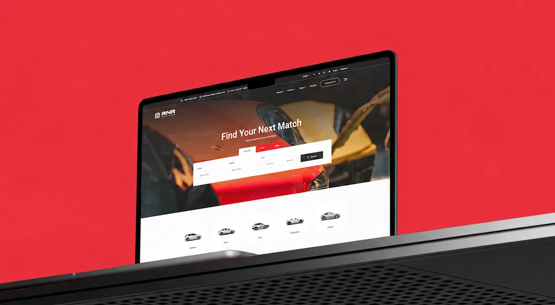 The RNR Motors website open on a laptop: Find Your Next Match, with a search bar over a red car